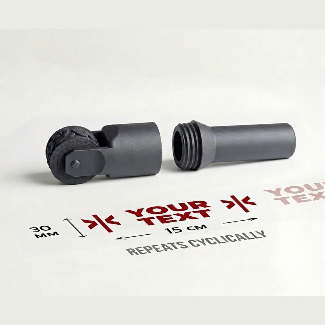 LogoRolly 3.0 roller stamp printing a 30mm band with a 15cm repeating imprint that repeats cyclically
